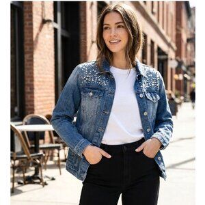 Mavi Karla Pearl Embellished Denim Jacket, Blue Mid Wash, Womens Size Small